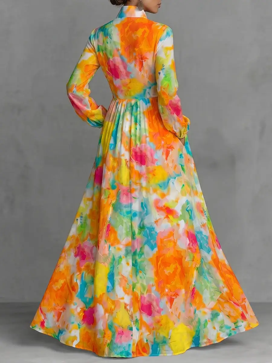 Sleeves Pleated Printed Buttoned Long Shirt Maxi Dress