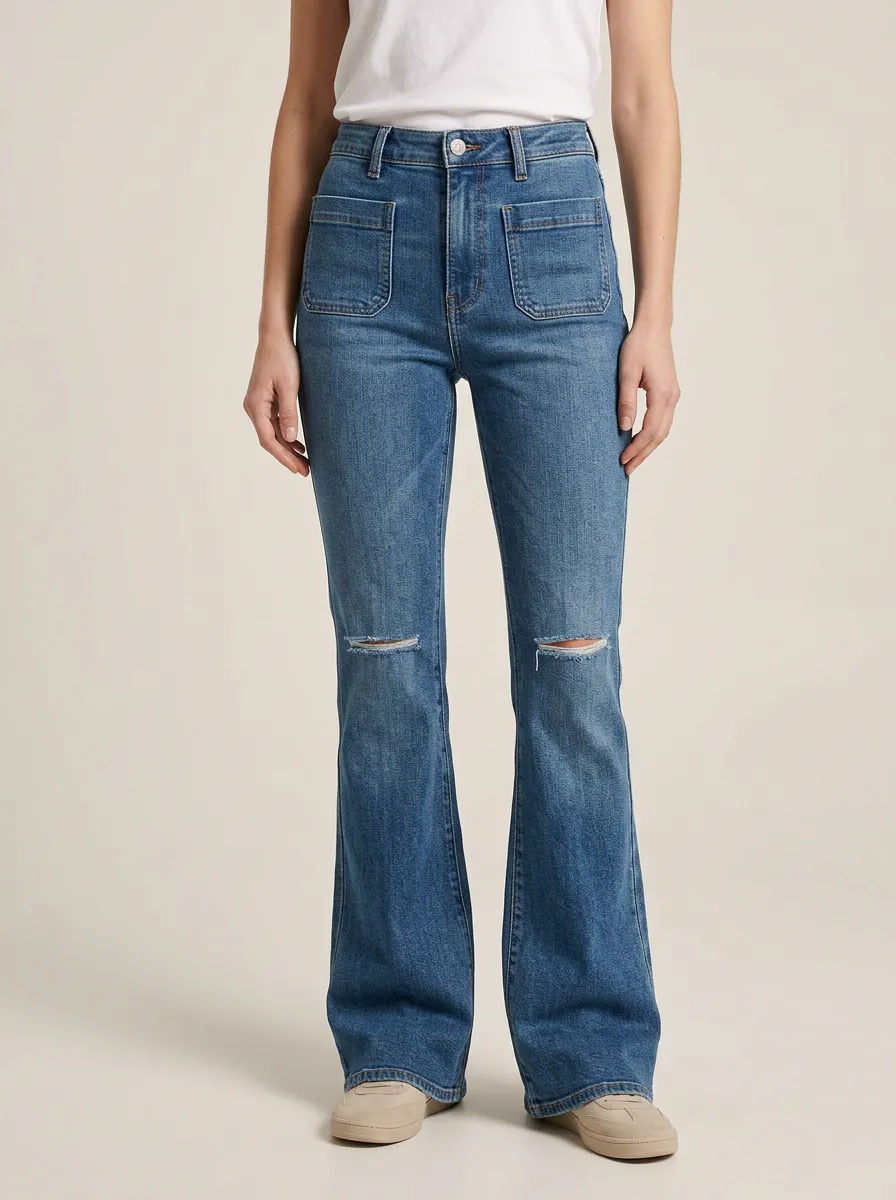 Women's High-Rise Front Patch-Pocket Cutout-Knee Flare Jeans