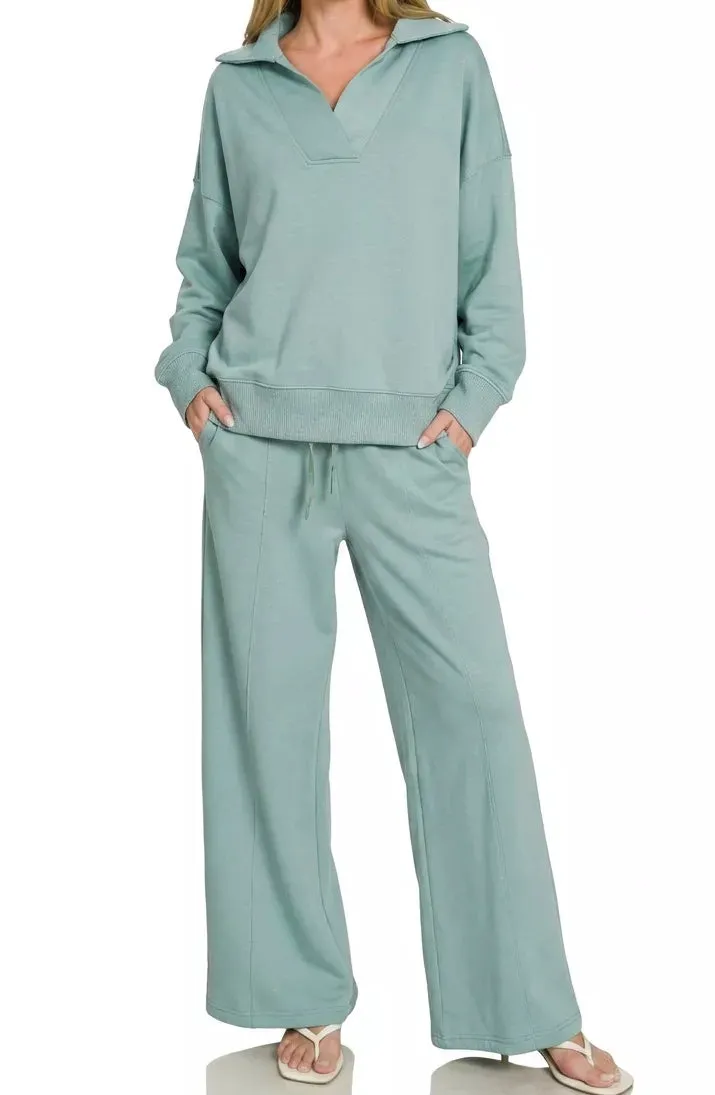 Scuba Collared Pullover & Center Seam Pants Set