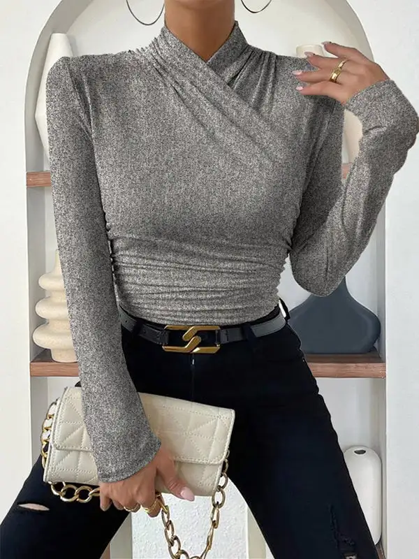 Long Sleeve Slim Fit Pleat Detail Mock Neck T-Shirt