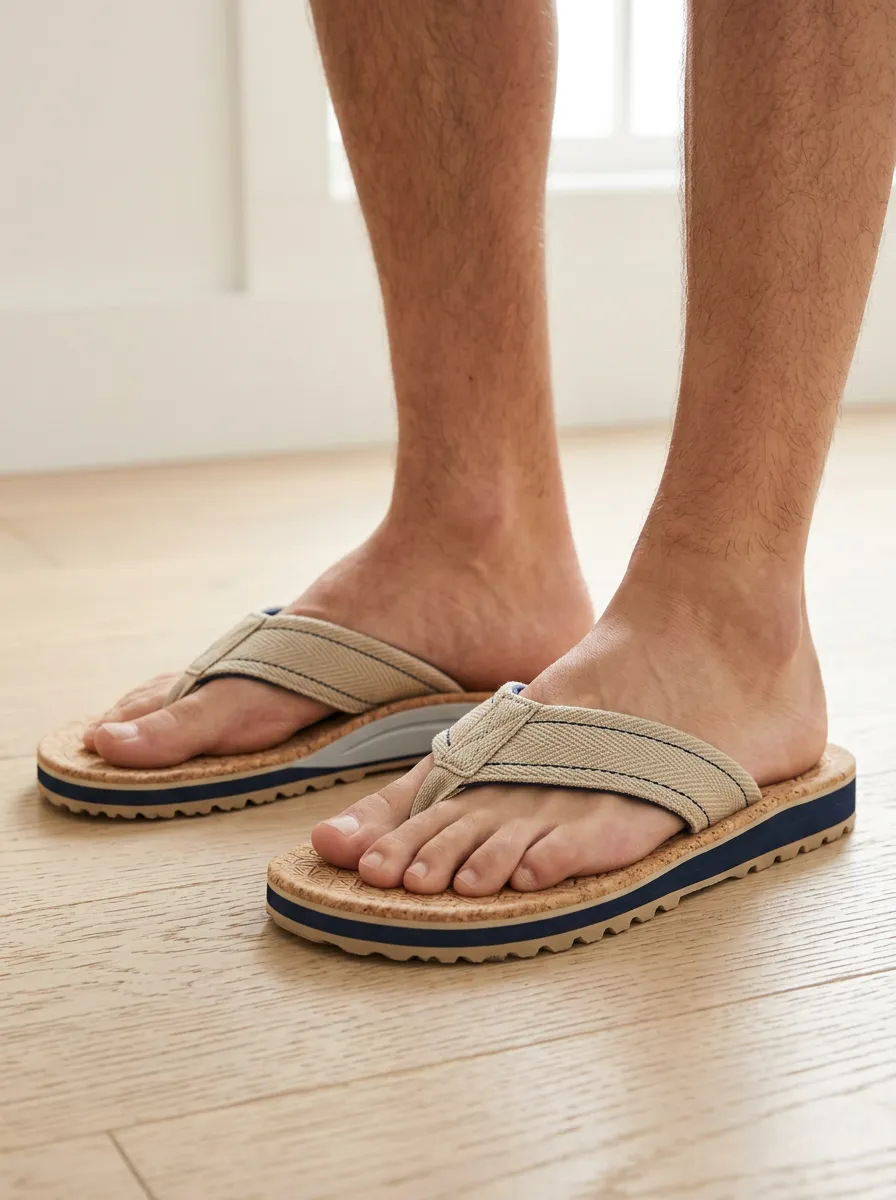 Men's Casual Beachwear Beige Fabric Cork-Textured Printed Flip-Flops