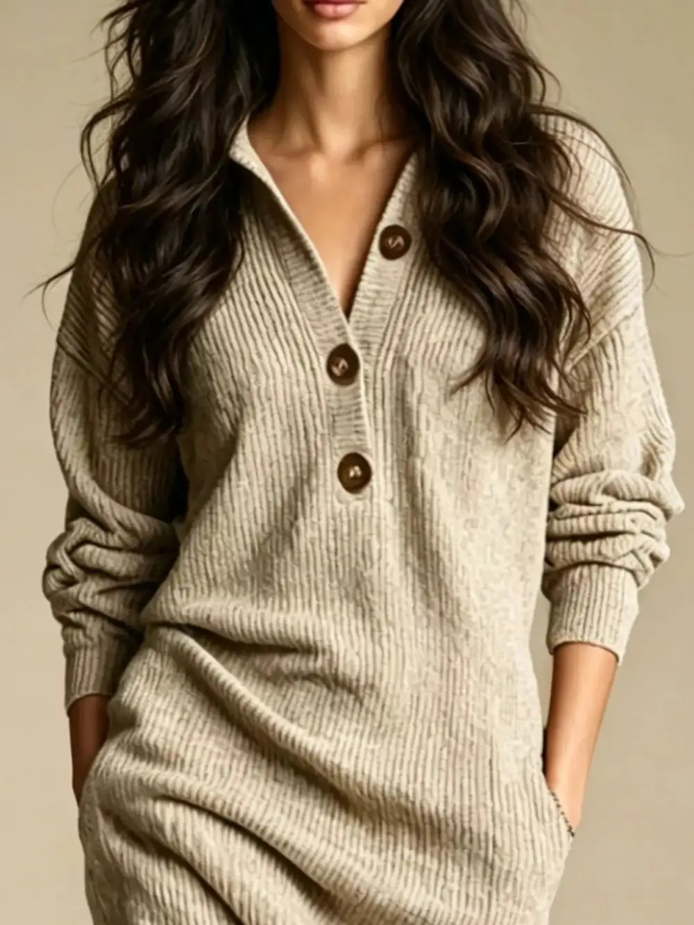 V-Neck Sweater Knit Pocketed Dress
