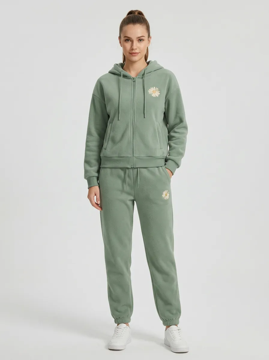 Women's Daisy Embroidered Zip-Up Hoodie And Tapered Jogger Set
