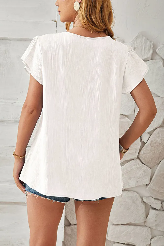 Texture V Neck Flare Sleeves Blouse