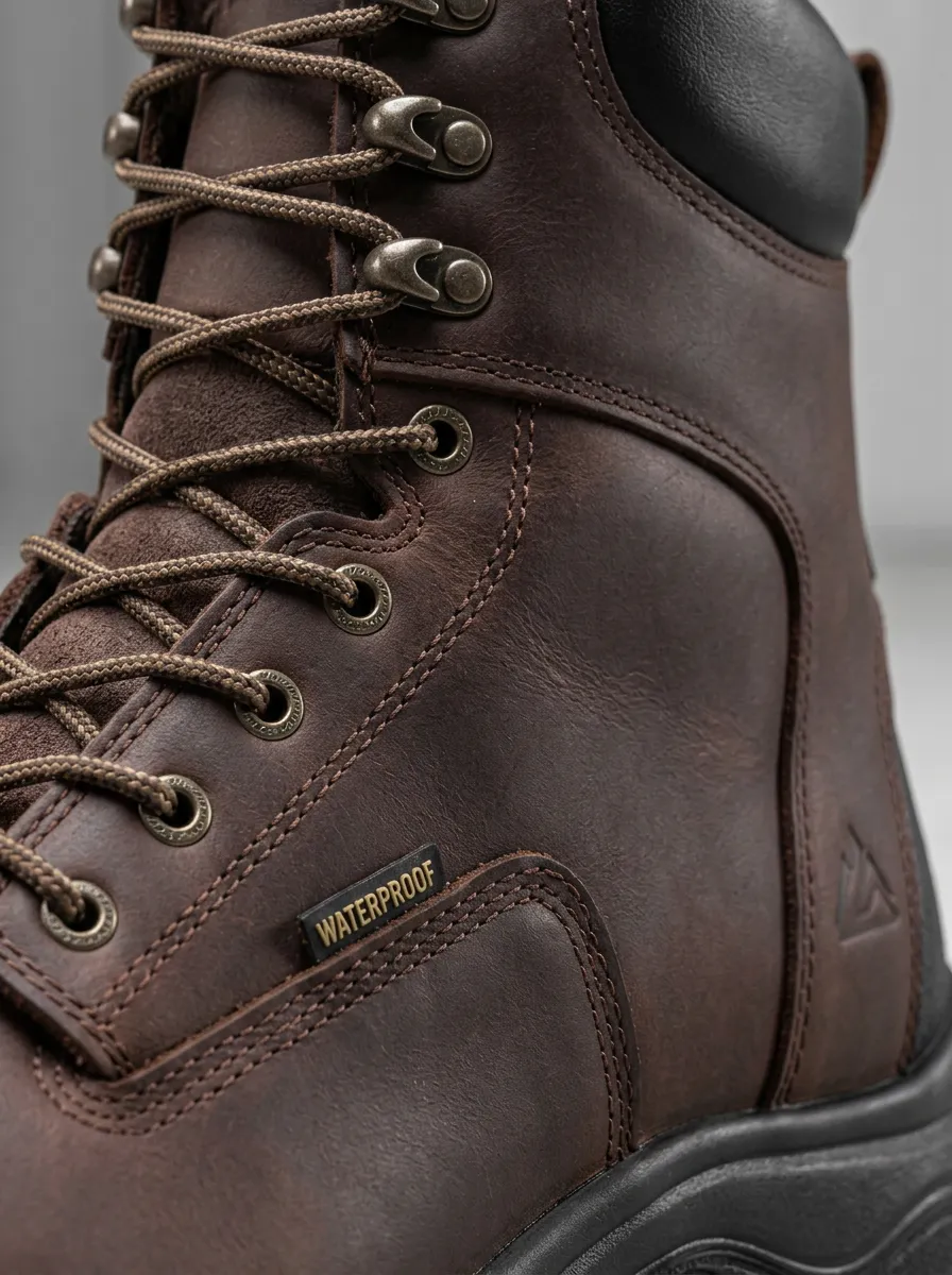 Men's Brown Leather Waterproof Outdoor Work Boots with Printed Detail
