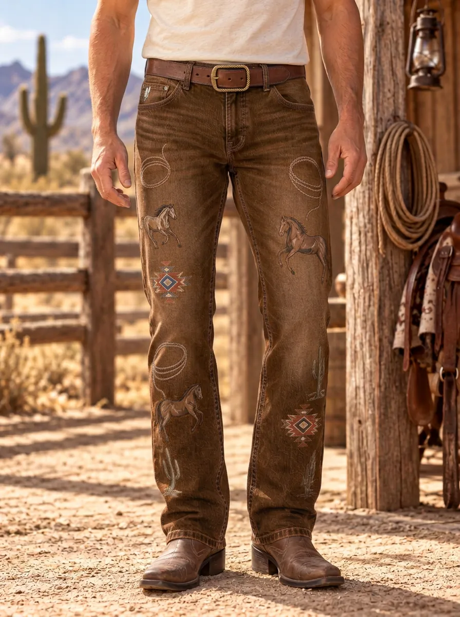 Men's Rustic Western Cowboy Horse Cactus Jeans