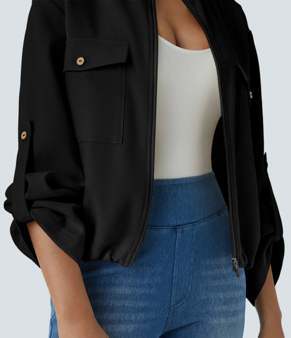 Stand Collar Roll Tab Sleeve Flap Pocket Inside Drawstring Hem Zip Casual Jacket