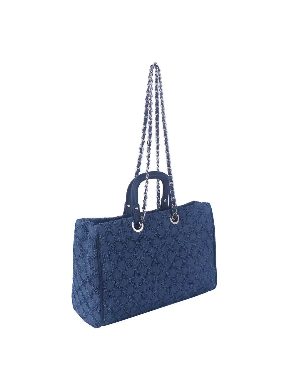 Quilted Chain Accent Pocketed Denim Tote Bag