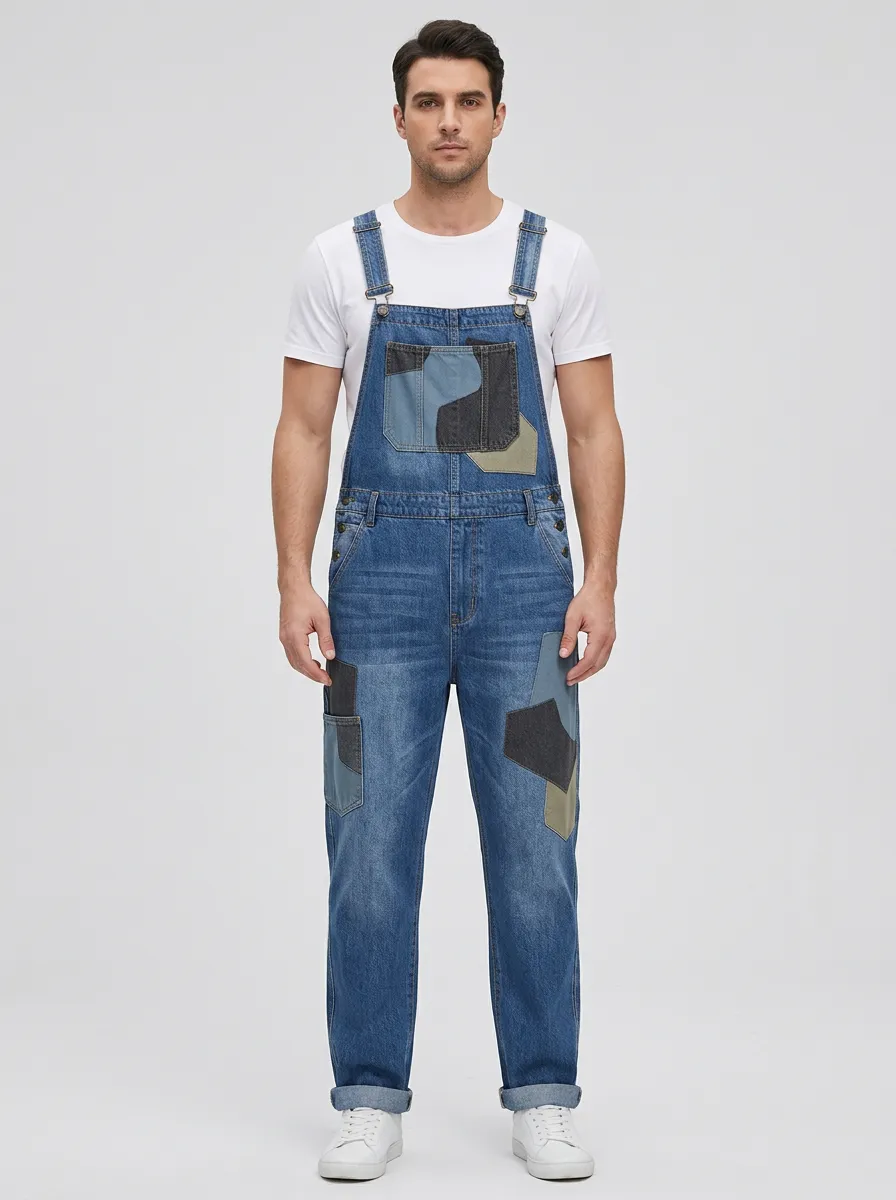 Patchwork Denim Multi Pocket Overalls