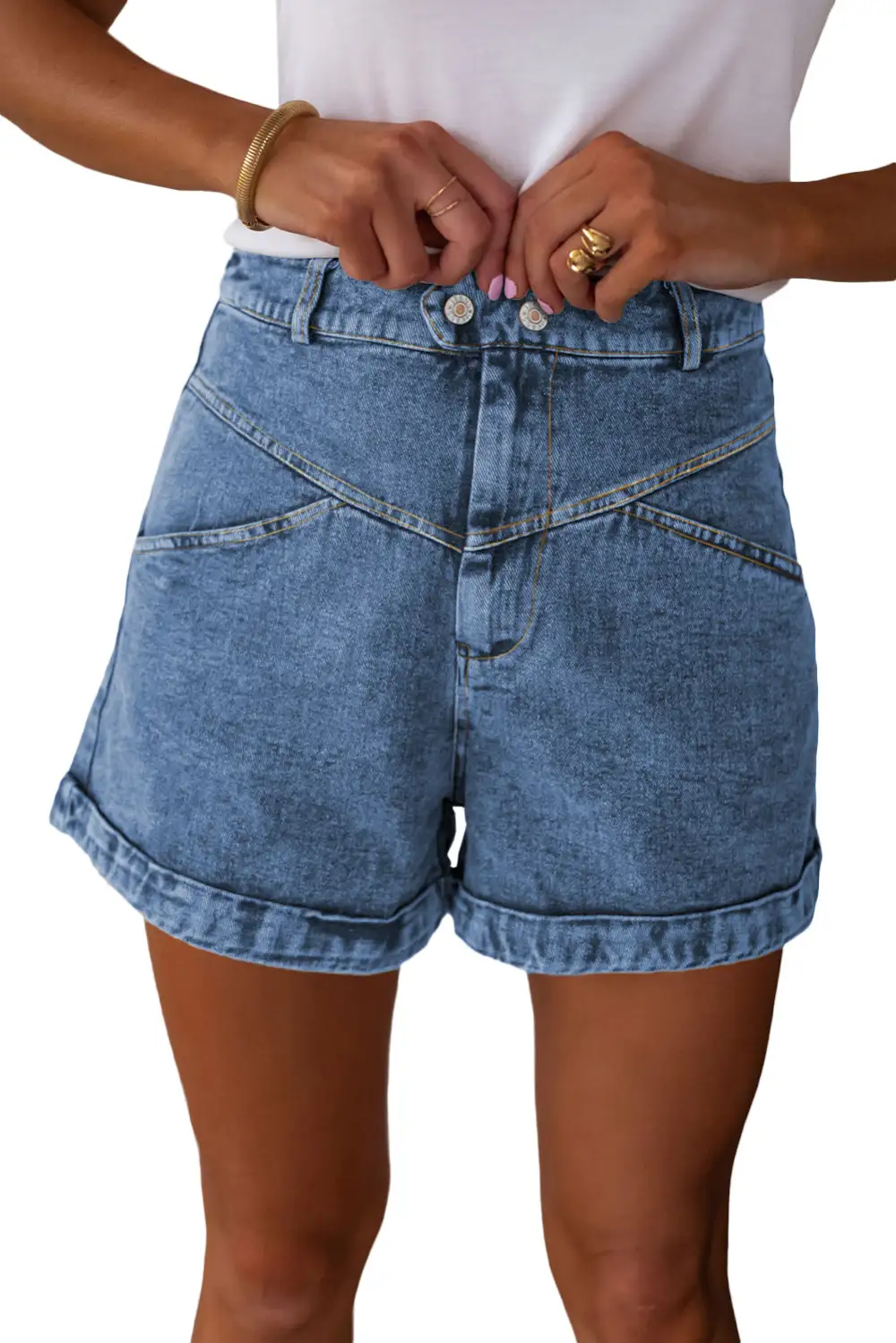 Seam Detail Pocketed Cuffed Hem Denim Shorts