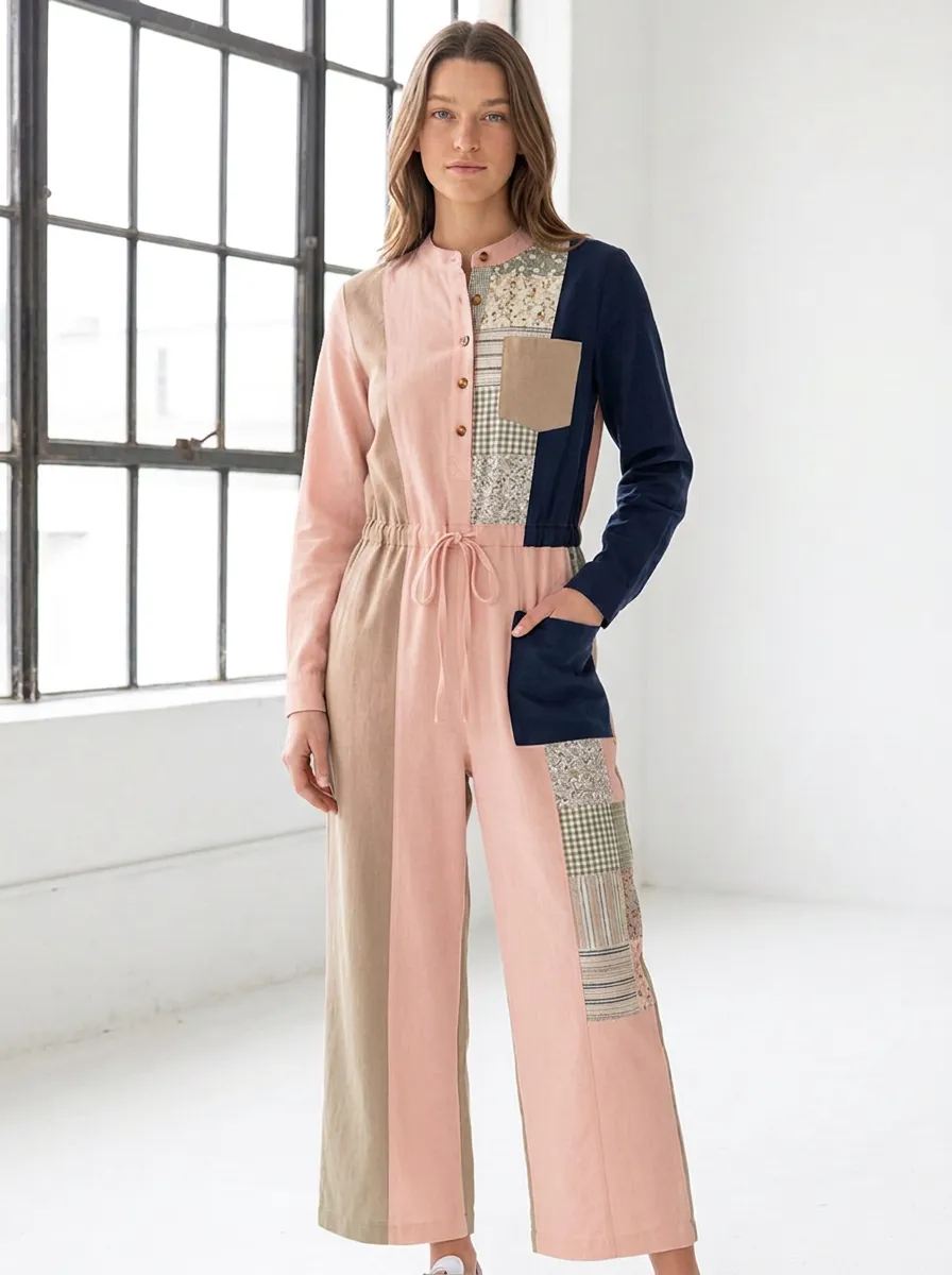 Women's Casual Patchwork Floral Gingham Graphic Jumpsuit