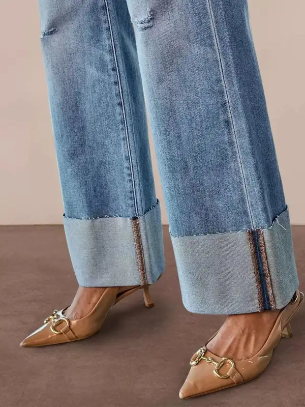 Distressed High-Waisted Flare Jeans Stretchy Denim Pants