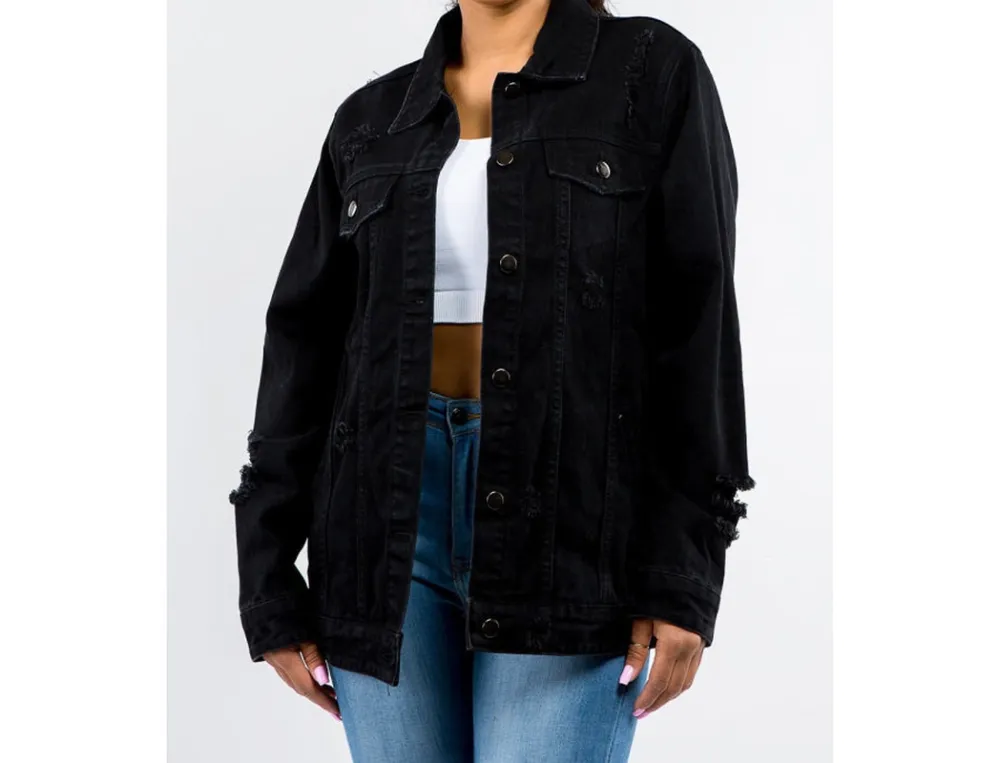 Plus Size Button-Up Distressed Denim Jacket