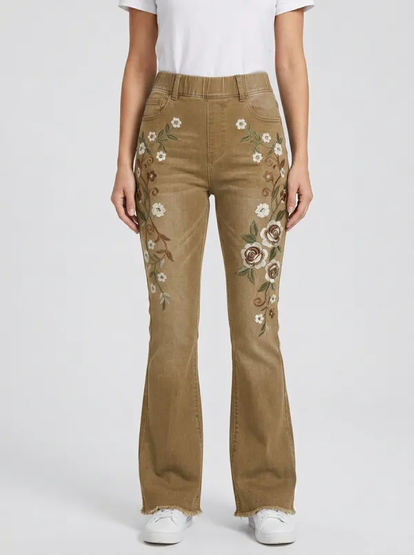 Women's Dark Wash Floral Embroidery High-Rise Flare Jeans