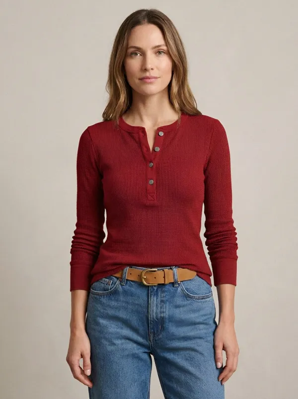 Women's Casual Waffle-Knit Ribbed Button-Placket Long-Sleeve Henley Shirt
