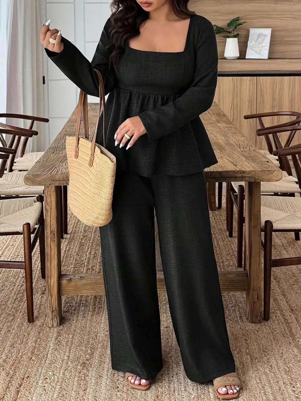 Plus Size Square Neck Long Sleeve Top and Pants