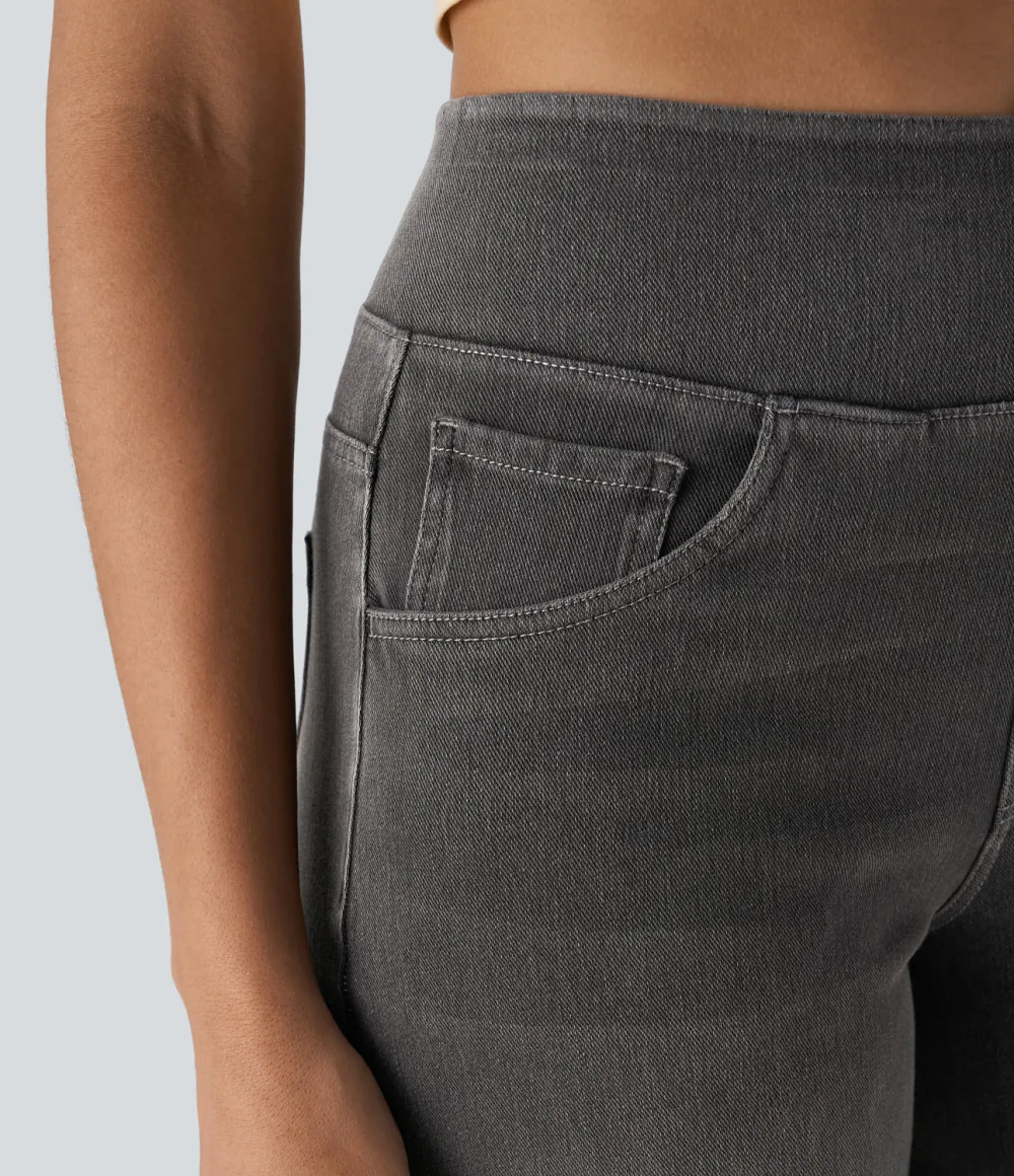 Magic High Waisted Multiple Pockets Wide Leg Washed Stretchy Knit Casual Jeans