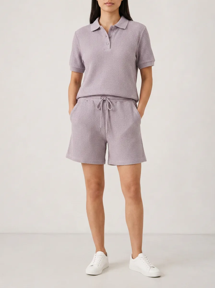 Unisex Waffle Knit Lavender Solid Color Polo Shirt