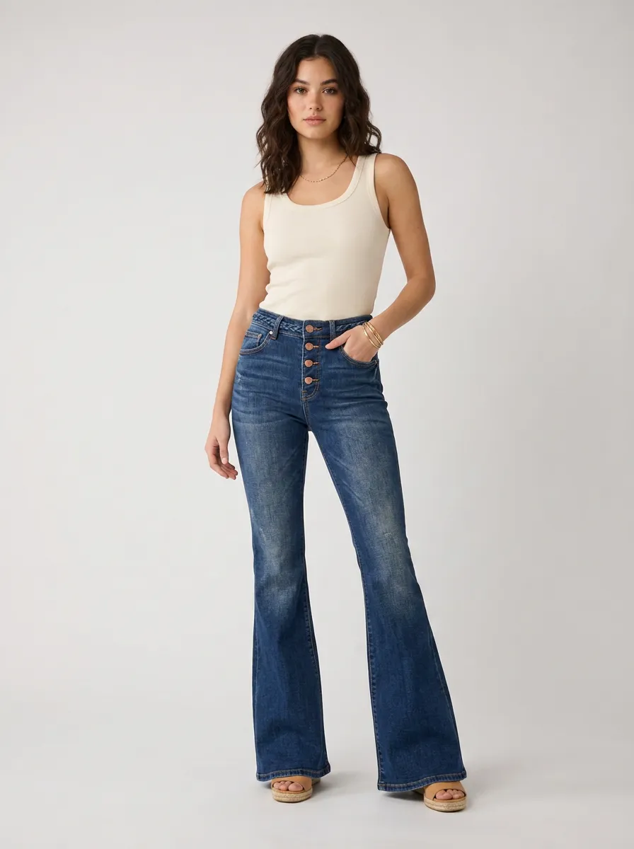Women's Vintage Style High-Waisted Button-Fly Flared Denim Pants