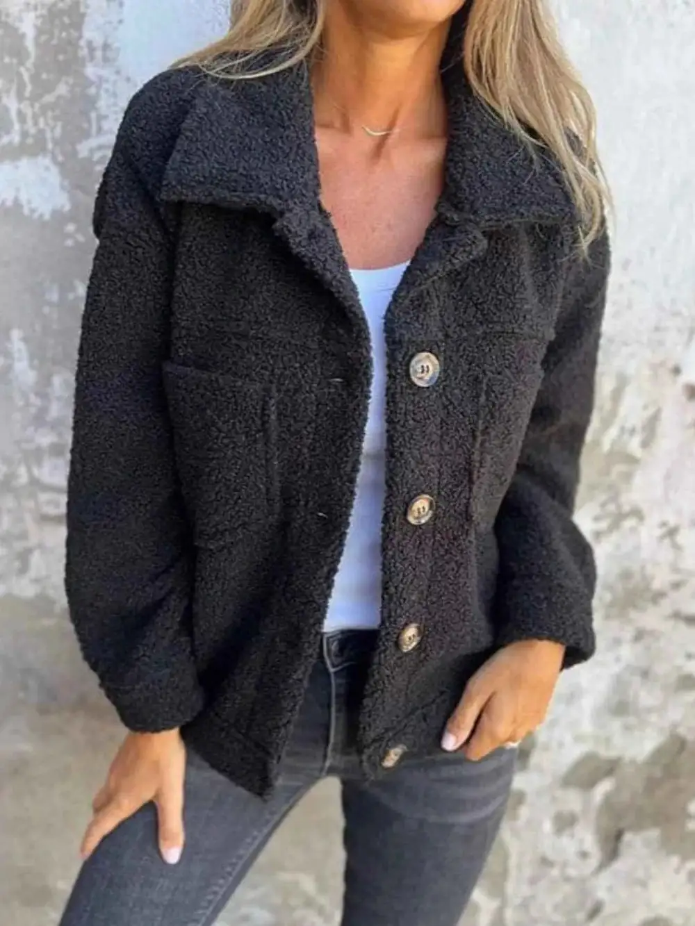 Plus Size Single Breasted Sherpa Shacket