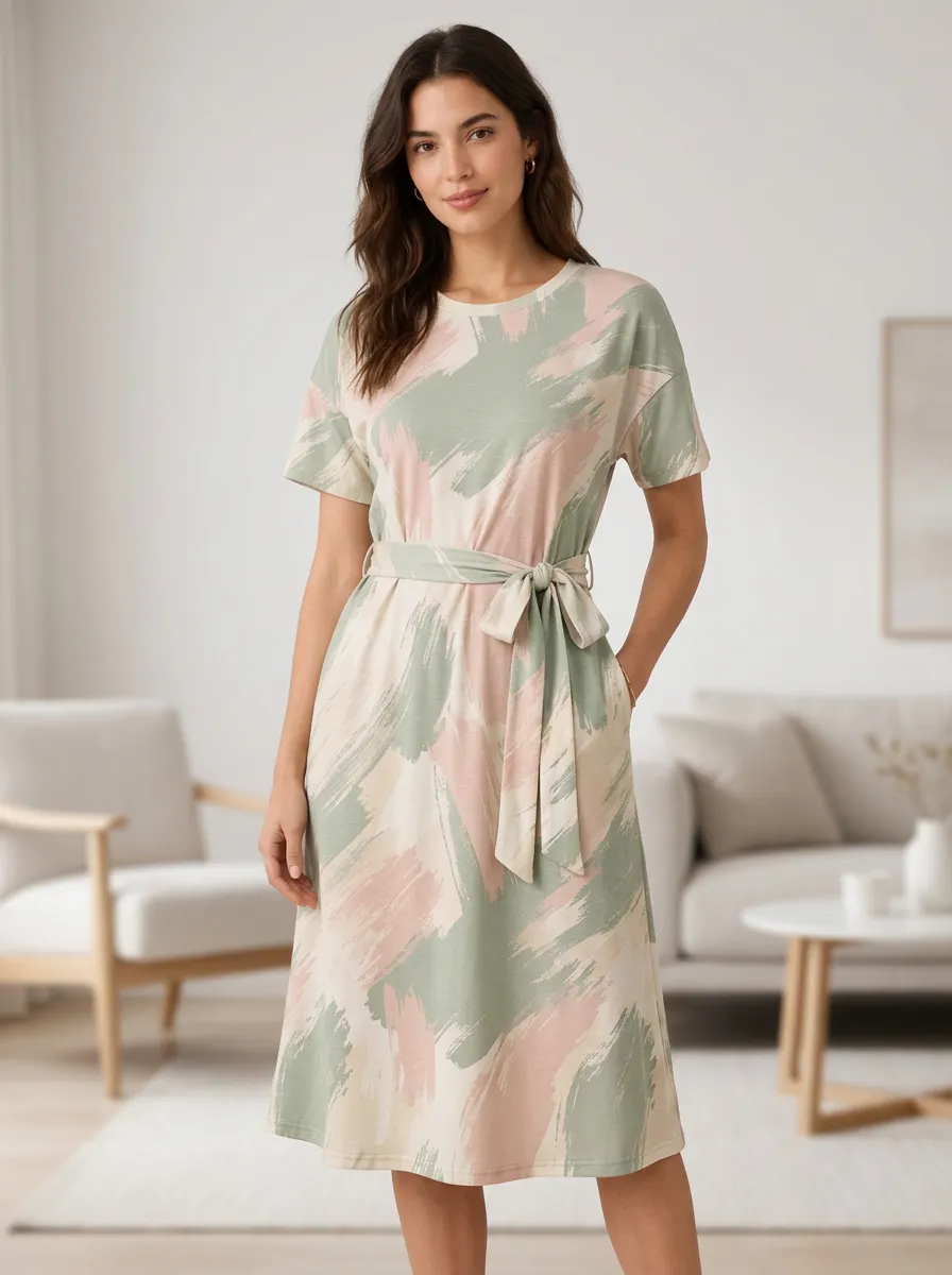 Women's Casual Sage Pink Abstract Brushstroke Printed Tie-Waist Dress