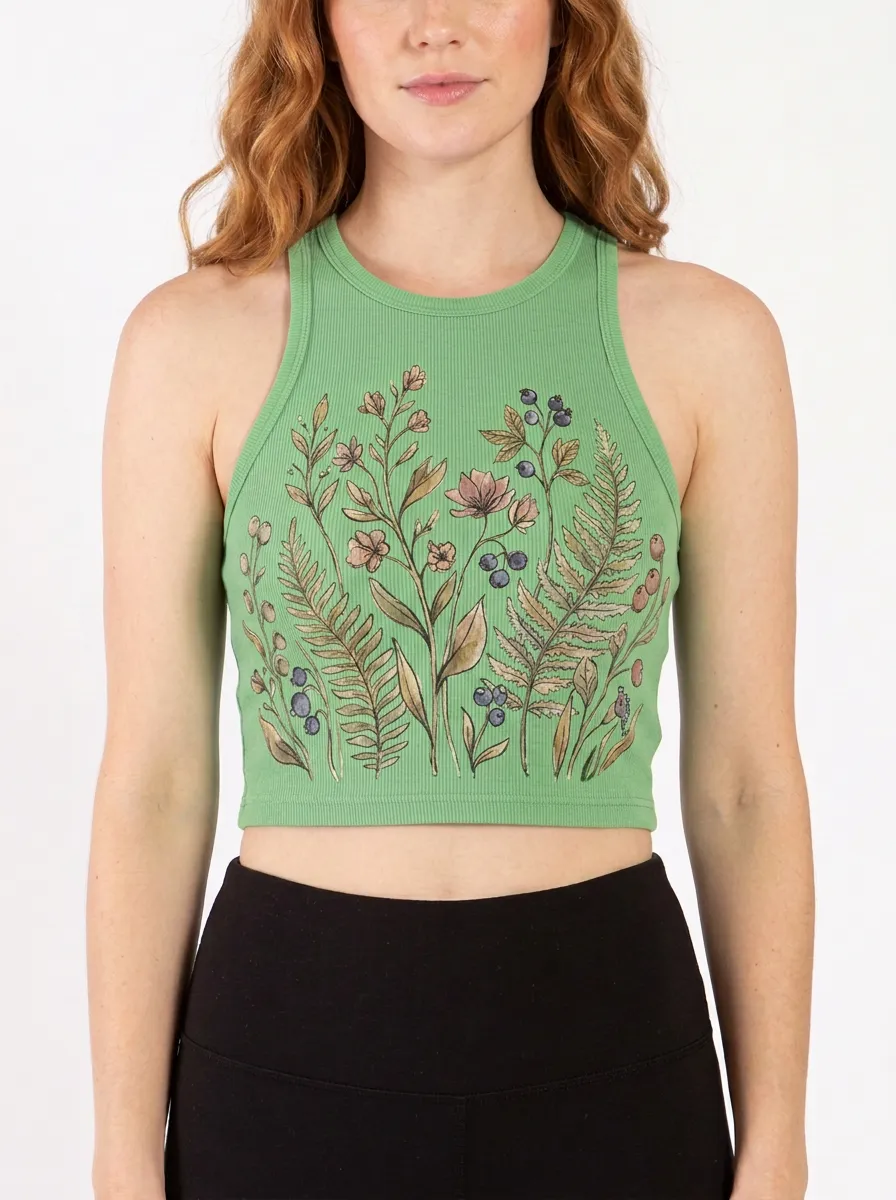 Women's Botanical Nature-Inspired Fern and Berry Printed Ribbed Crop Tank Top