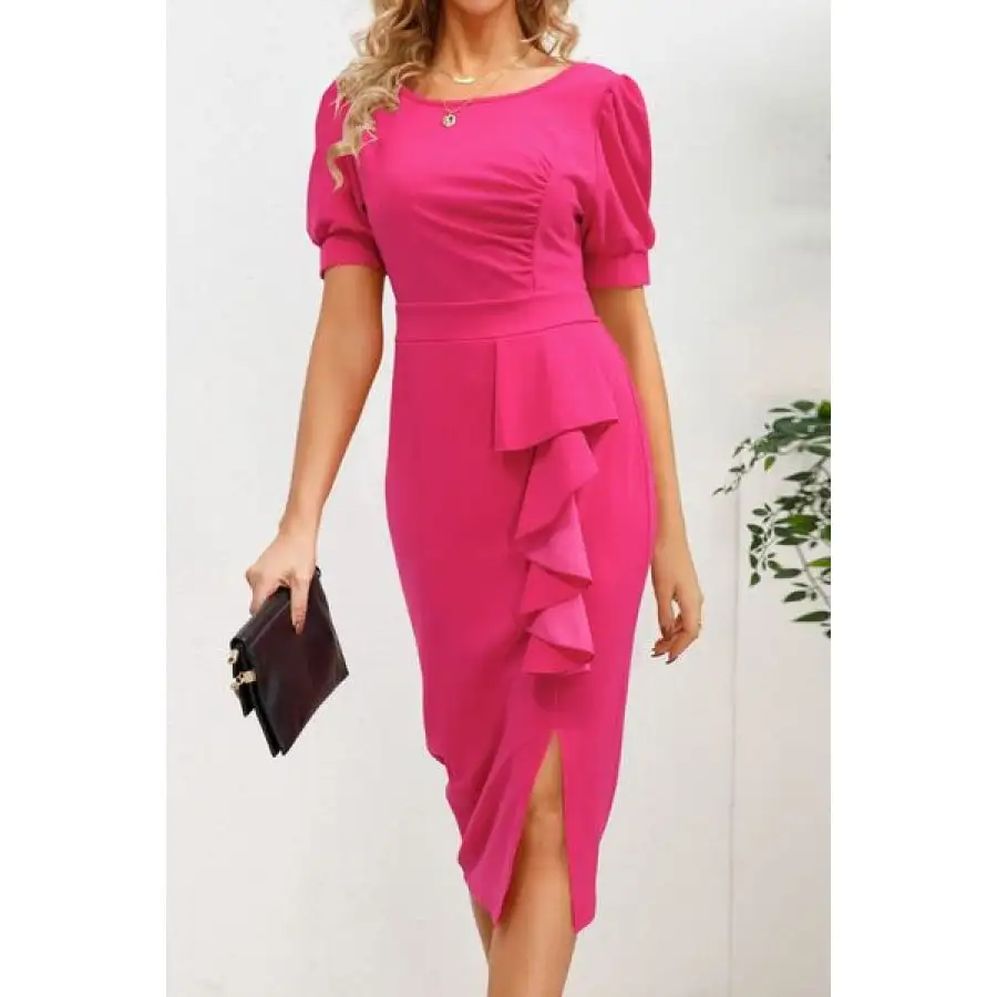 Slit Ruffled Puff Sleeve Midi Dress