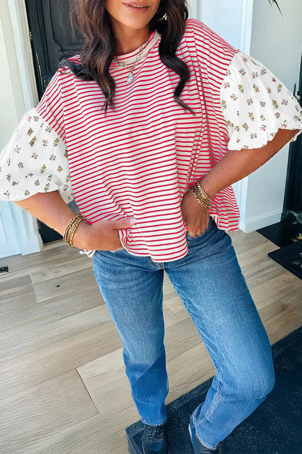Women's Floral Print Striped Round Neck Top