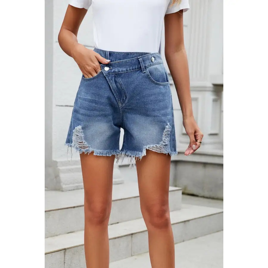 Distressed Raw Hem Asymmetric Waist Denim Shorts