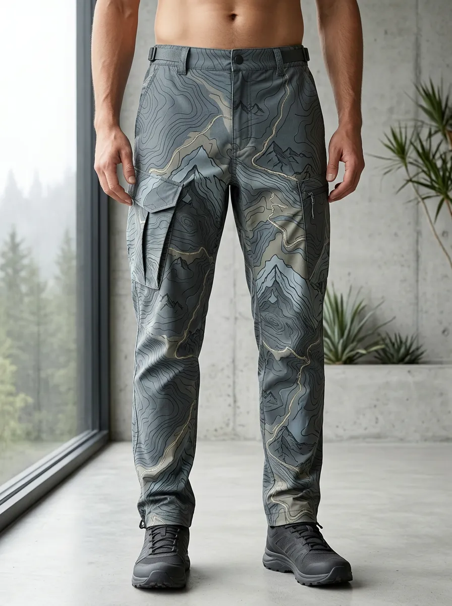 Men's Zip-Pocket Topographic Print Cargo Pants