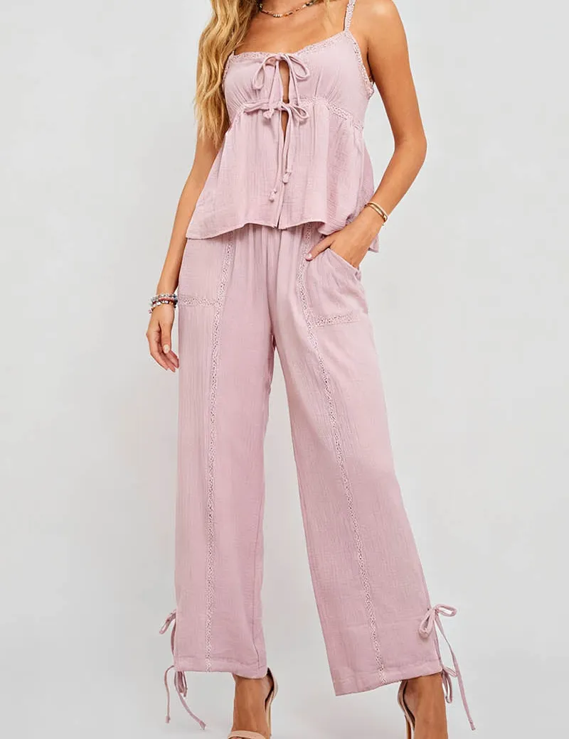 Boho Lace Up Cami Top and Wide Leg Pants Set
