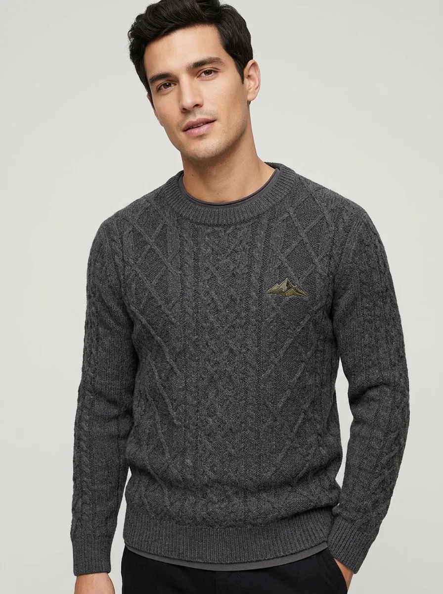 Men's Charcoal Grey Cable-Knit Crewneck Sweater