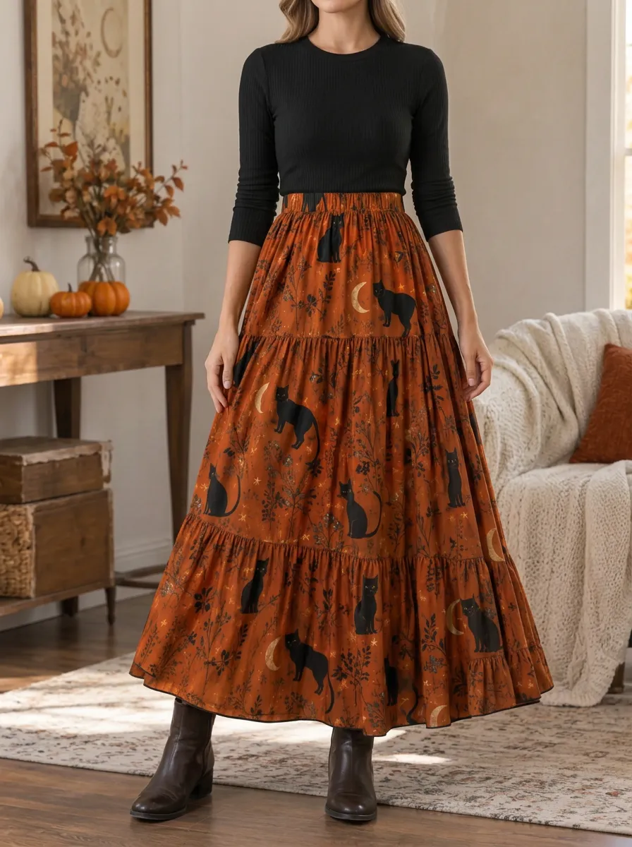 Women's Halloween Black Cat and Moon Printed Tiered Maxi Skirt