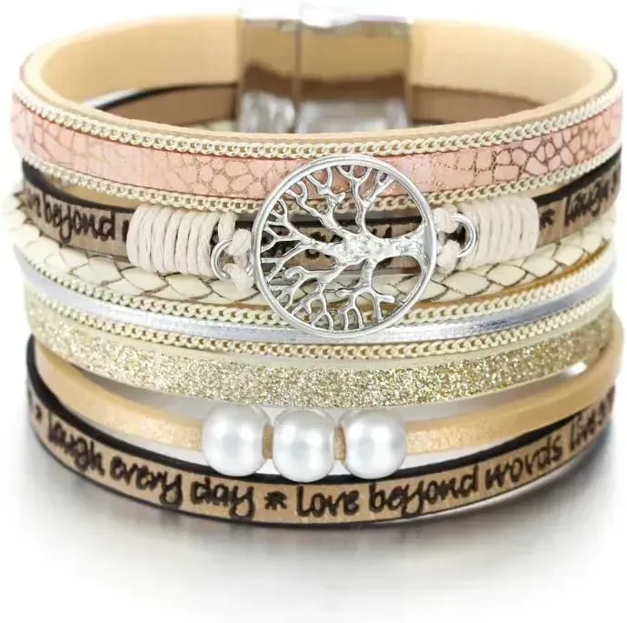 Fesciory Leather Wrap Bracelets for Women, Boho Leopard Multi-Layer Crystal Beads Cuff Bracelet Jewelry