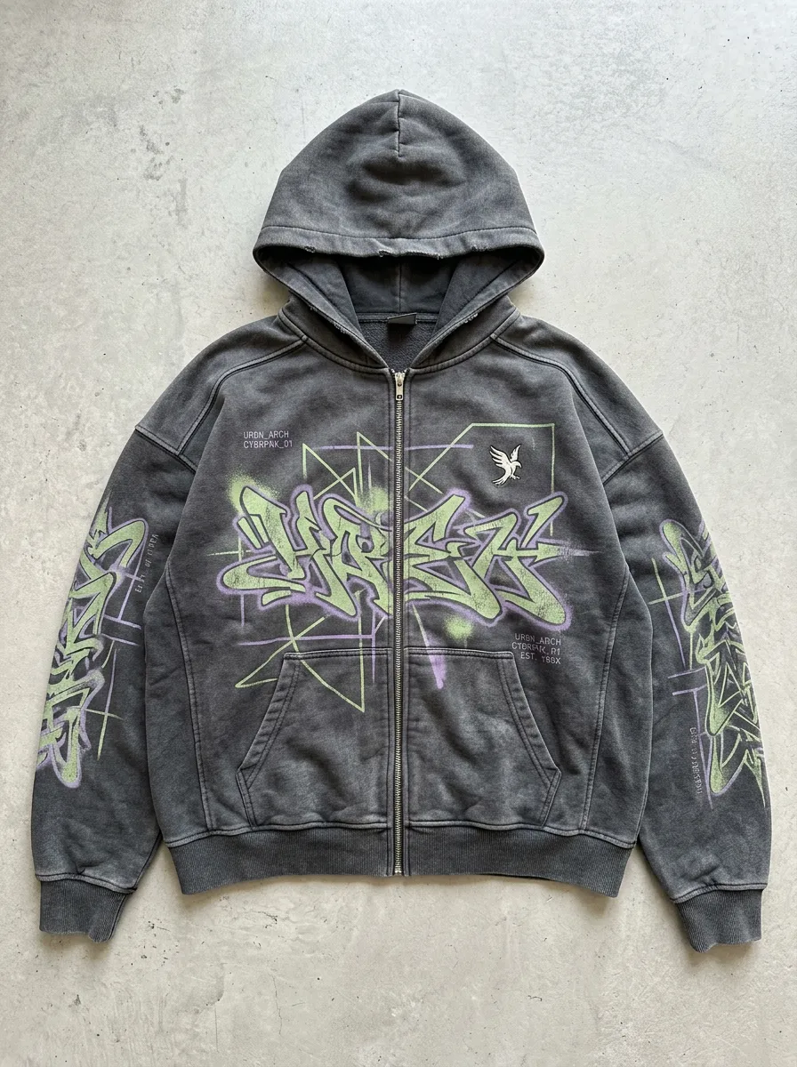 Unisex Streetwear Graffiti Dove Graphic Printed Zip-up Hoodie