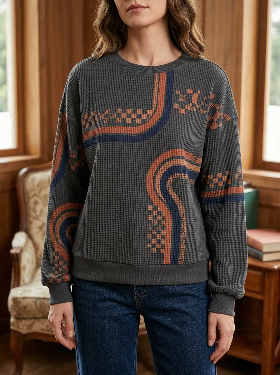 Women's Retro Geometric Checkered Printed Waffle Knit Crewneck Sweatshirt