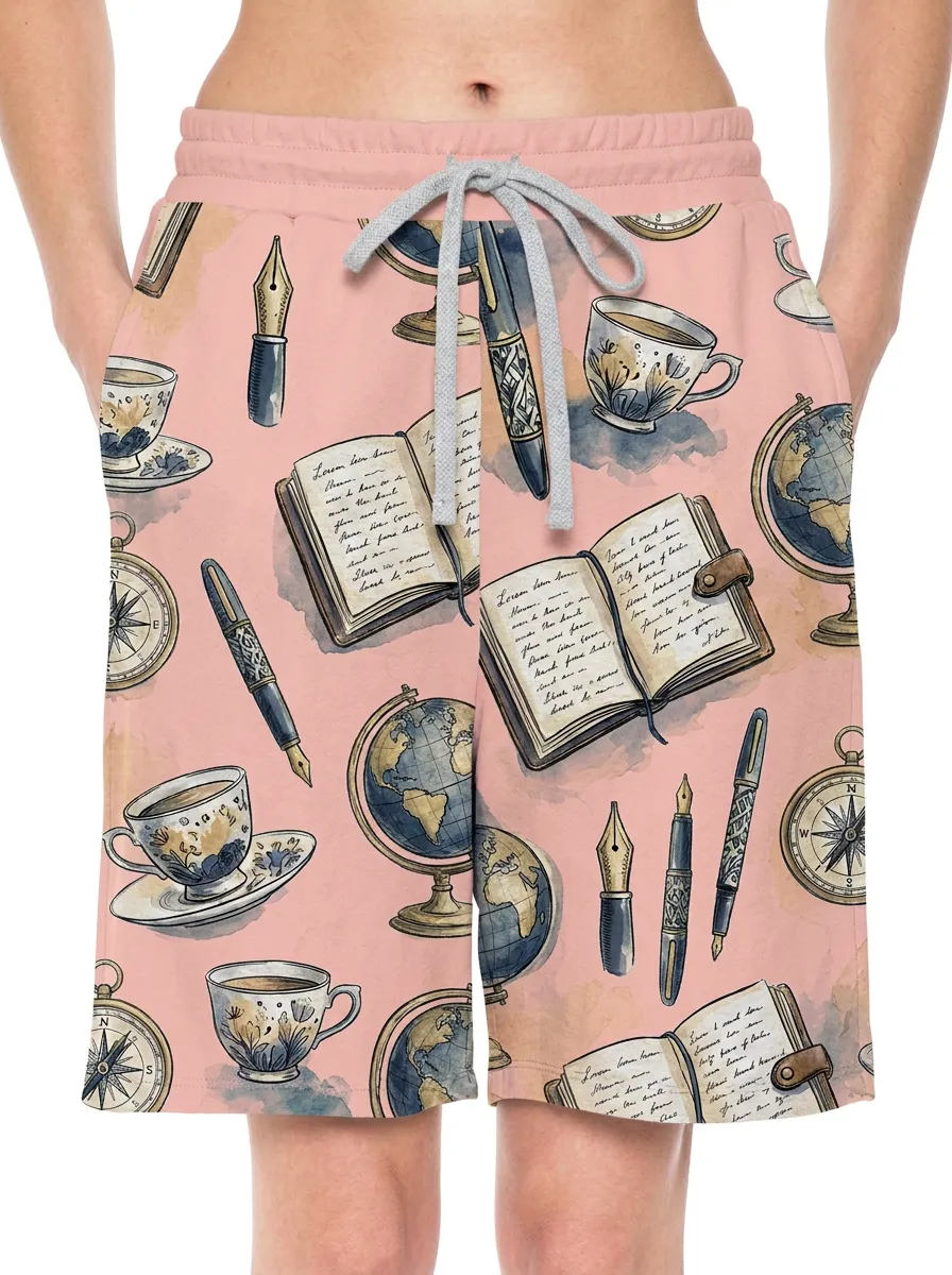 Women's Book Globe Fountain Pen Coffee Graphic Shorts
