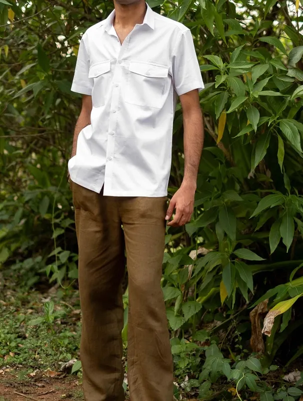 White Short Sleeve Double Pocket Cotton Shirt