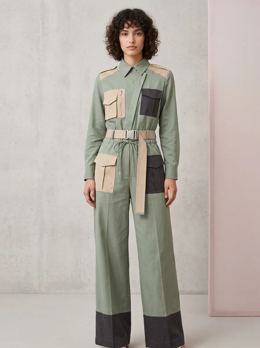 Women's Utility Colorblock Patch Pocket Belted Jumpsuit