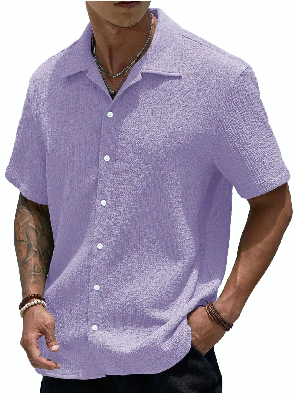 Short Sleeve Open Collar Pleated Front Shirt
