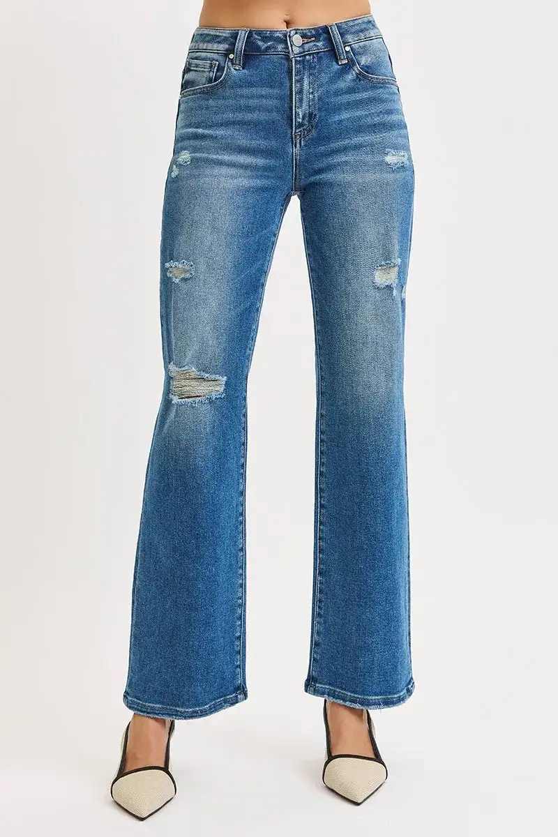 Balanced High Waist Straight Leg Distressed Denim Jeans