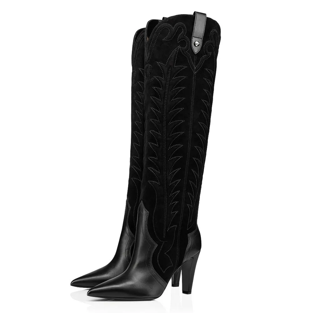 Faux-Suede Faux-Leather Embroidered Pointed-Toe Knee-High Boots
