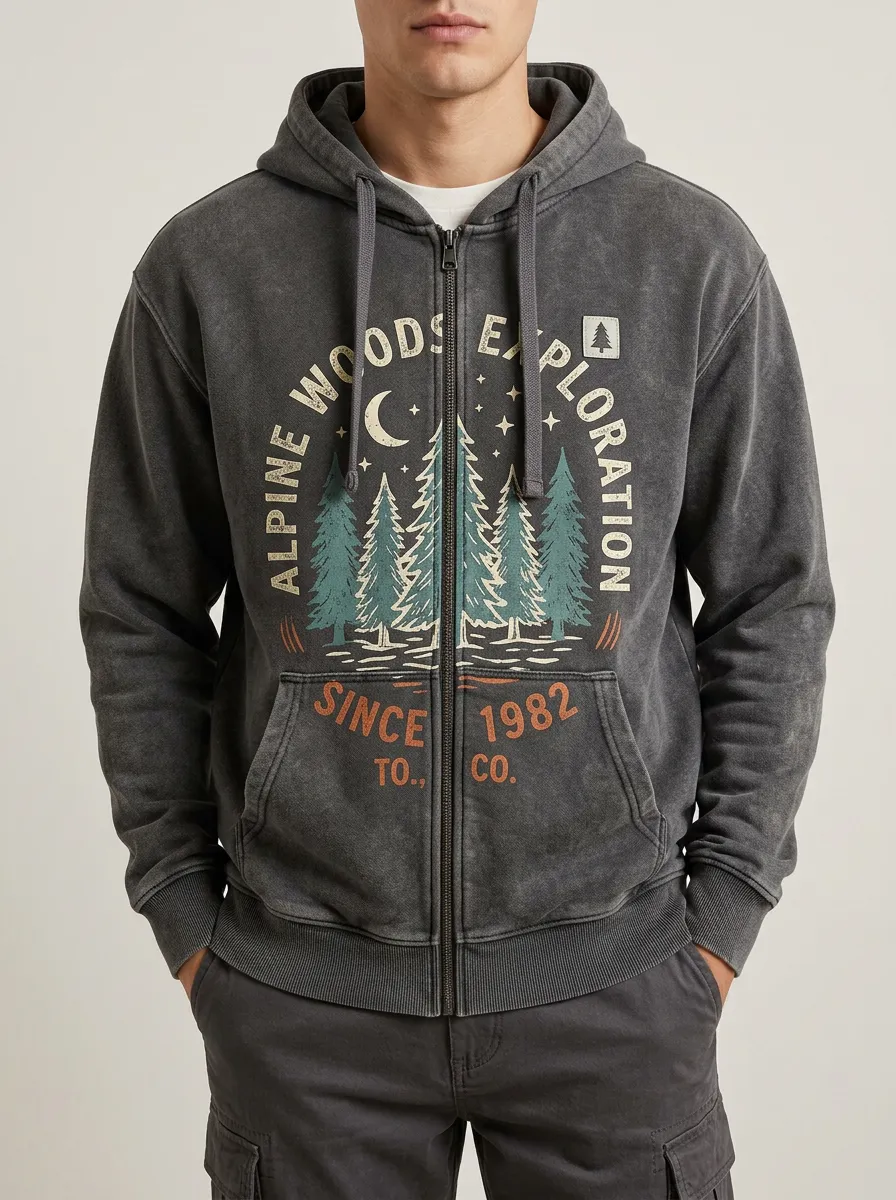 Men's Alpine Woods Exploration Pine Tree Printed Zip Hoodie