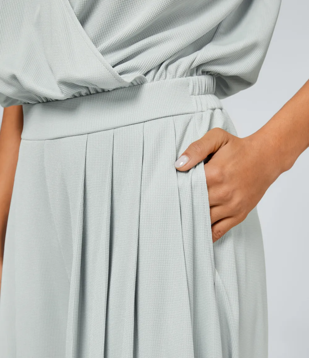 V Neck Short Sleeve Side Pocket Wide Leg Flowy Waffle Casual Jumpsuit