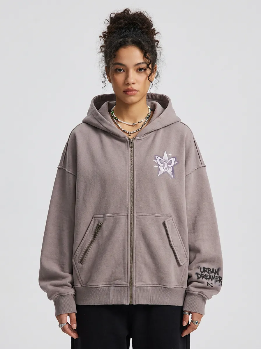 Unisex Streetwear Urban Dreamer Butterfly Star Printed Zip-up Hoodie