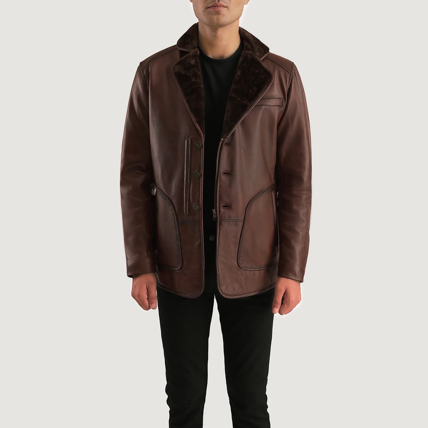 Men's Classic Leather Fur Trim Coat