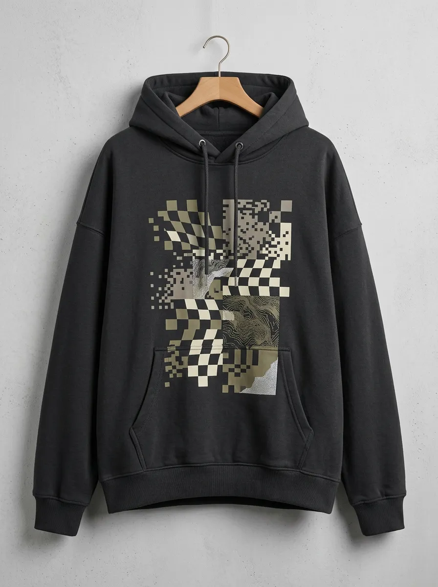 Topographic Checkerboard Glitch Men's Graphic Hoodie