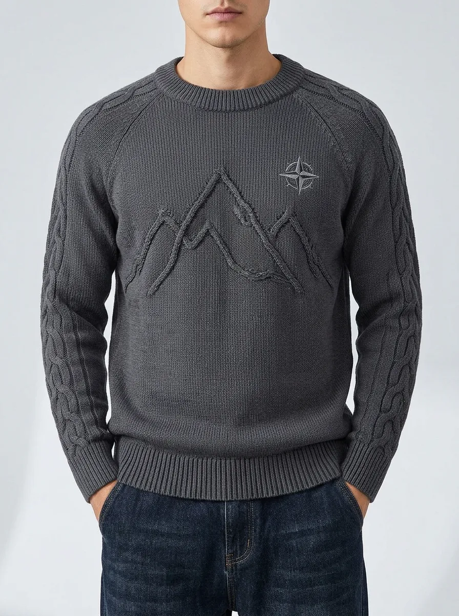 Men's Charcoal Grey Outdoor Mountain Compass Embroidered Knit Sweater