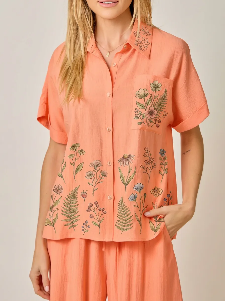 Women's Botanical Nature Lover Wildflower Fern Printed Button-up Shirt