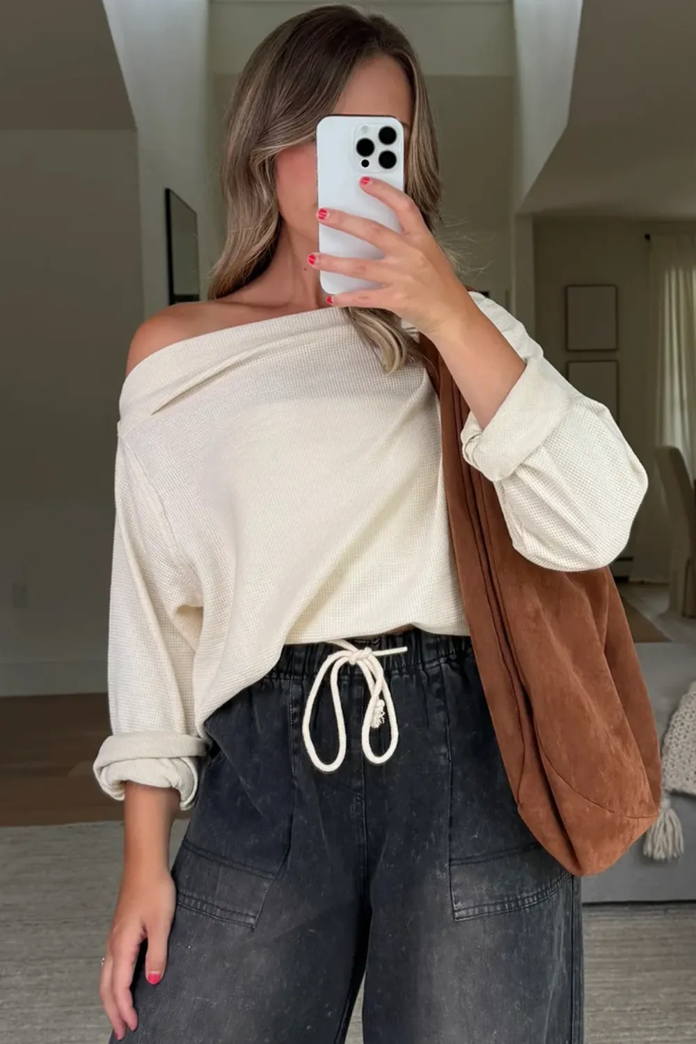 Beige Waffle Knit Asymmetric Neck Top
